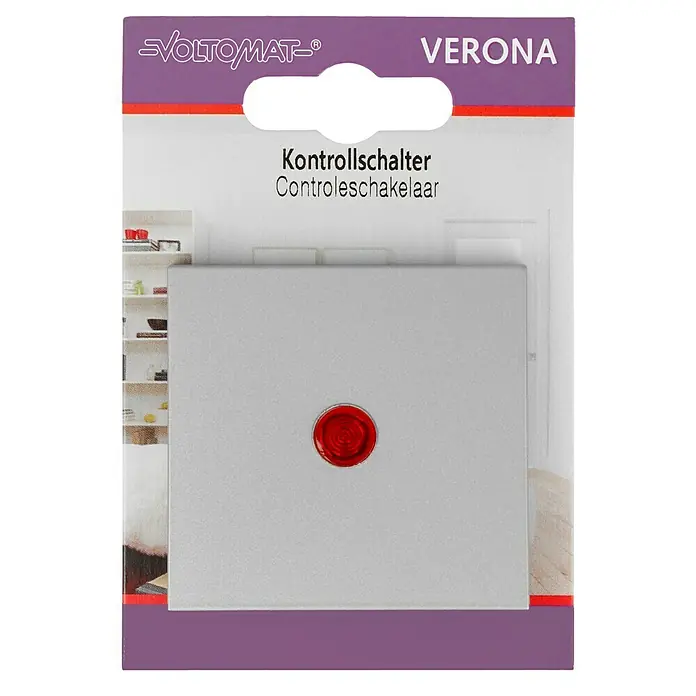 Kontrollschalter - Silber, Kunststoff, 10 A - Nahaufnahme eines Voltomaten Verona Kontrollschalters in seiner Verpackung. Das Produkt ist ein Schalter mit einer roten Kontrollleuchte.