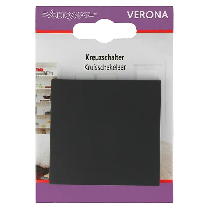 Kreuzschalter - Anthrazit, Kunststoff, 10 A - Verpackung eines VOLTOMAT Verona Kreuzschalters. Der Schalter ist schwarz und für die Verwendung in Innenräumen gedacht.