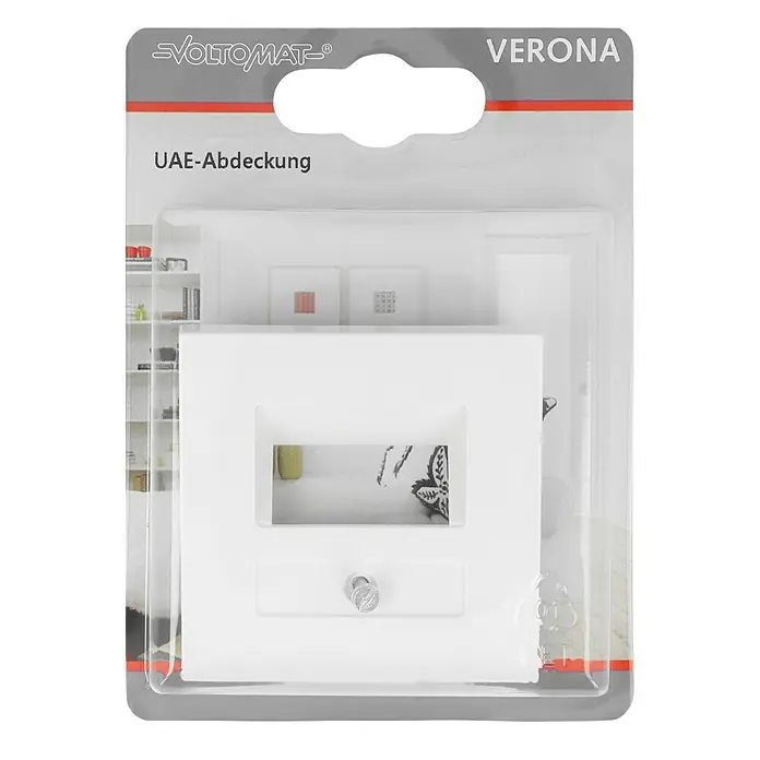 UAE-Abdeckung - Reinweiß, Kunststoff - Eine Voltolmat Verona UAE-Abdeckung in einer grauen Verpackung mit roter Linie. Die Abdeckung ist weiss und hat eine rechteckige Öffnung.