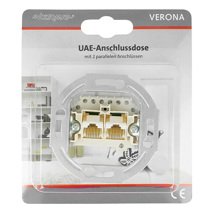 UAE-Dose - 2-fach, Weiß, Unterputzmontage - Abbildung einer UAE-Anschlussdose Verona mit zwei parallelen Anschlüssen von Voltomat, ideal für Netzwerkverbindungen.