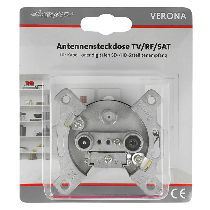 Antennendosen-Einsatz 3F - Silber, Metall - Antennensteckdose TV/RF/SAT von Voltomaten Verona für Kabel- oder digitalen SD-/HD-Satellitenempfang.