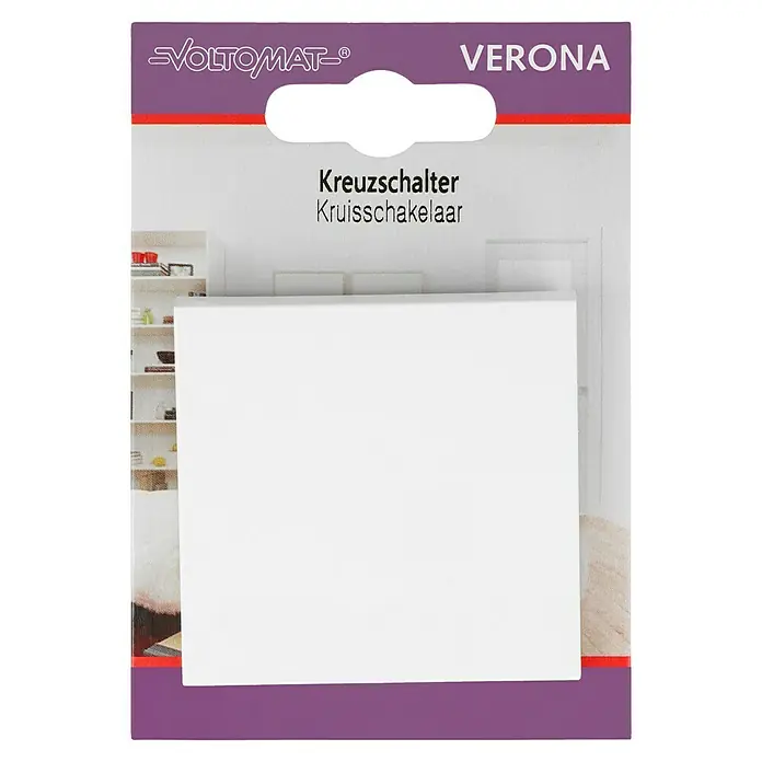 Kreuzschalter - Reinweiß, Kunststoff, 10 A - Verpackung eines VOLTOMAT Verona Kreuzschalters, ideal für Elektroinstallationen im Haus.