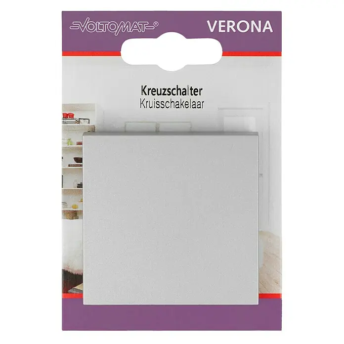 Kreuzschalter - Silber, Kunststoff, 10 A - Verpackung eines Voltomaten Verona Kreuzschalters, der in deutscher und niederländischer Sprache beschriftet ist.