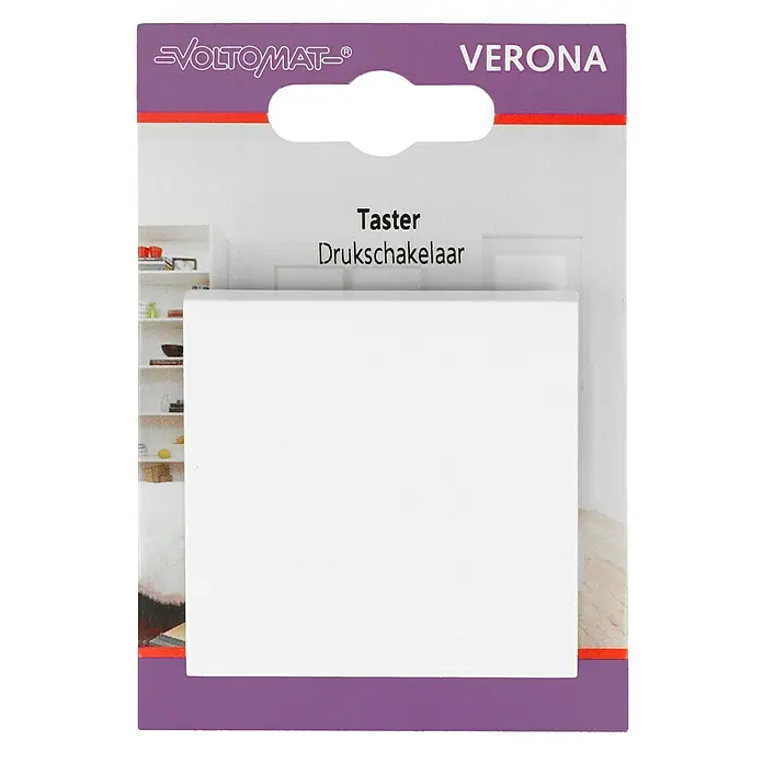 Taster - Reinweiß, Kunststoff, 10 A - Nahaufnahme eines VOLTOMAT Verona Tasters, auch bekannt als Druckschalter, in einer weißen Verpackung vor einem unscharfen Hintergrund.