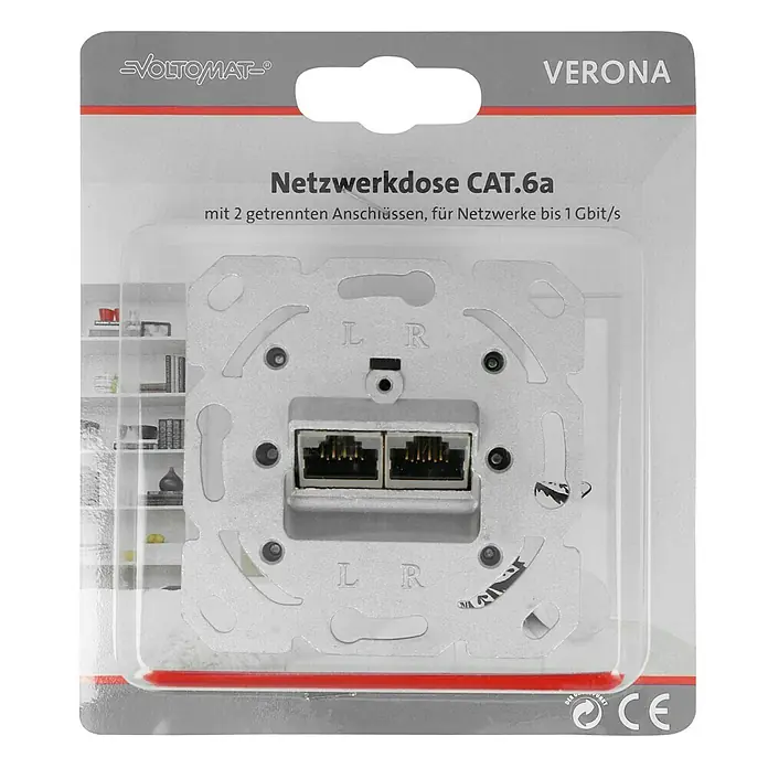 UAE-Datendose CAT 6a 2X - Silber, Unterputzmontage - Nahaufnahme einer Voltomaten Verona CAT.6a Netzwerkdose in der Verpackung. Die Dose hat zwei getrennte Anschlüsse für Netzwerke bis 1 Gbit/s.