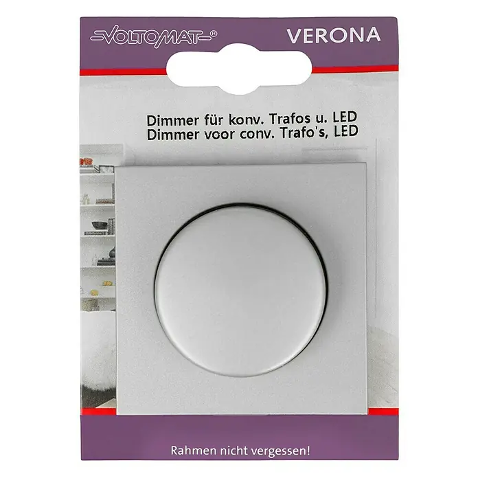 LED-Dimmer - Silber, Kunststoff - Produktverpackung eines Dimmers VERONA für konventionelle Trafos und LED Lampen von VOLTOMAT.