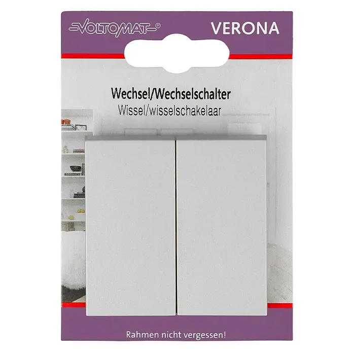 Doppelwechselschalter - Silber, Kunststoff, 10 A - Nahaufnahme eines VOLTOMAT Verona Wechselschalters mit Doppelwippe auf einer Verkaufsverpackung.