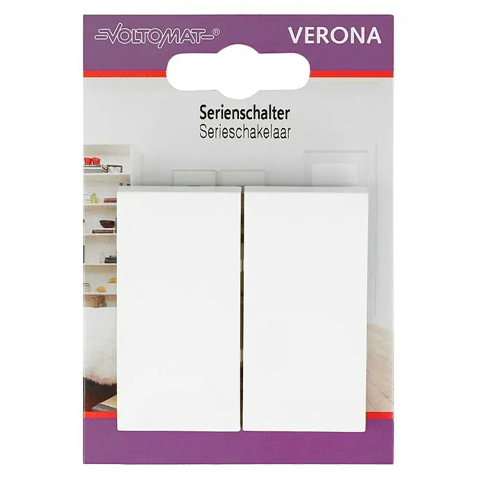 Serienschalter - Reinweiß, Kunststoff, 10 A - Bild einer VOLTOMAT VERONA Serienschalter-Packung, ideal für die Elektroinstallation.