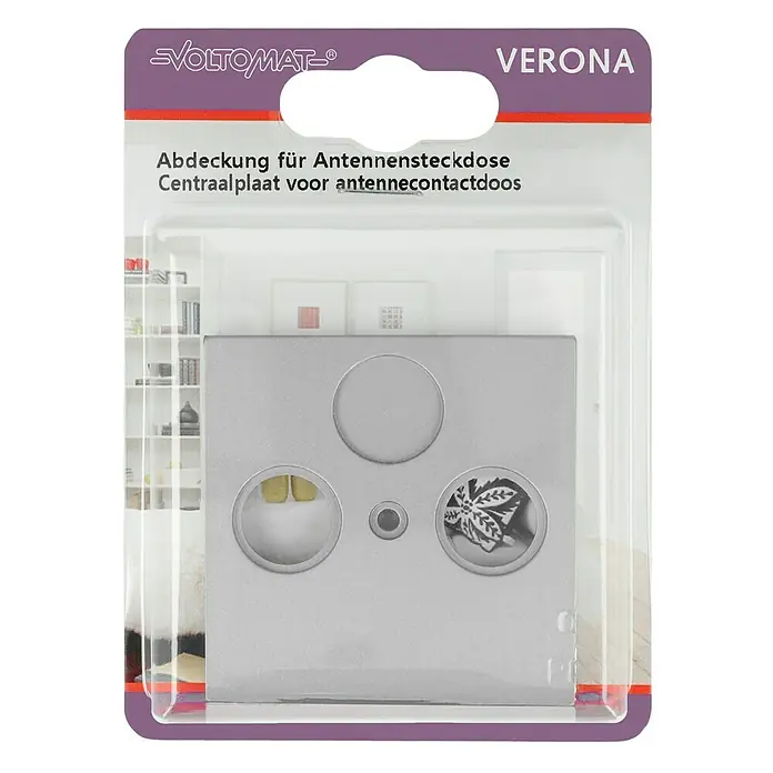 Antennenabdeckung - Silber, 2-fach, Kunststoff, IP20 - Verpackung einer Voltomatt Verona Antennensteckdosenabdeckung, geeignet zur Installation von Antennenanschlüssen in Wohnräumen.