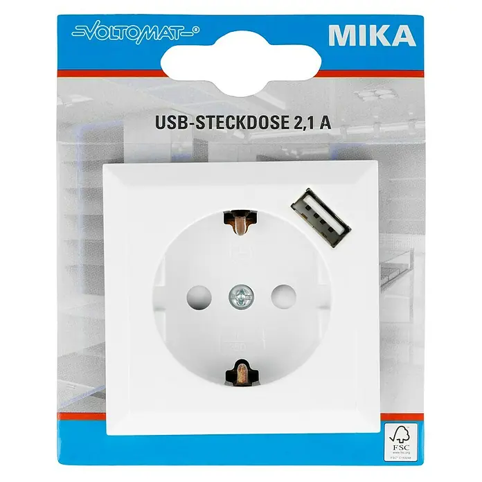 Voltomat MIKA USB-Steckdose - Erhöhter Berührungsschutz, Ultraweiß, Glänzend, Kunststoff, Unterputzmontage - Verpackung einer weißen Voltomatt Mika USB-Steckdose mit 2,1 A, die eine herkömmliche Steckdose und einen USB-Anschluss kombiniert.