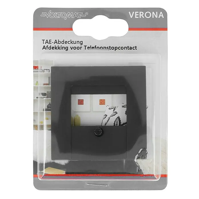 TAE-Abdeckung - Anthrazit, Kunststoff - Produktverpackung einer schwarzen TAE-Abdeckung Verona von Voltomat mit Produktinformationen und -bild.