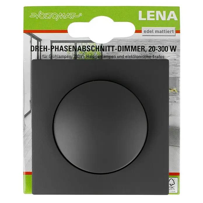 Voltomat Lena Dimmer für elektronische TrafosAnthrazit - Abbildung eines Dreh-Phasenabschnitt-Dimmers von LENA, edelmattiert, mit einer Leistung von 20-300 W für diverse Lampen.