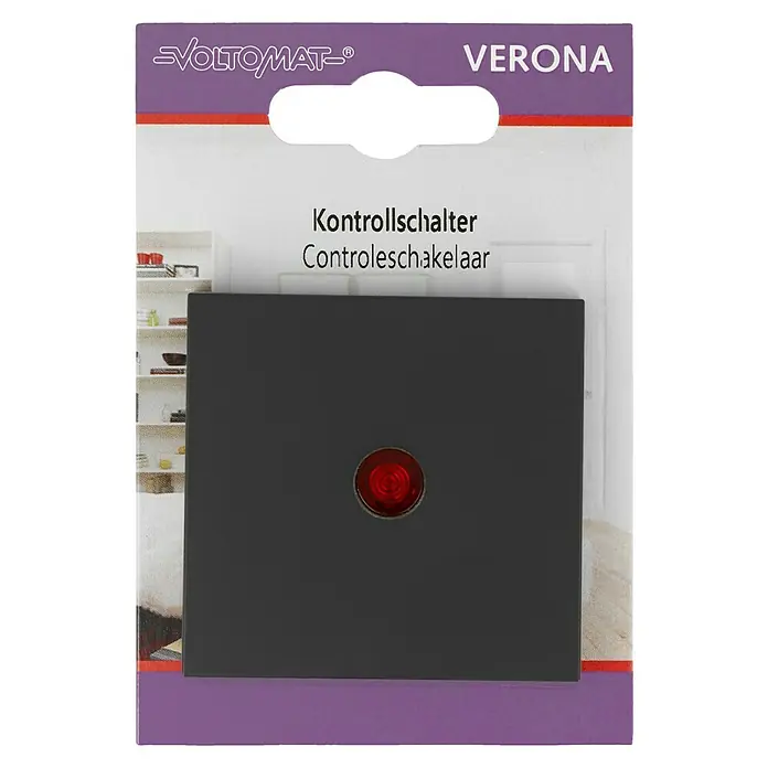 Kontrollschalter - Anthrazit, Kunststoff, 10 A - Ein Voltomaten Verona Kontrollschalter mit roter Kontrollleuchte, verpackt in einer Blisterverpackung.