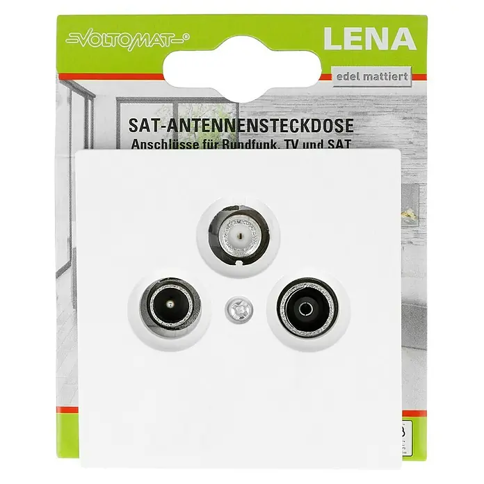 Voltomat Lena Antennendose - 3-fach, Polarweiß - Abbildung einer weißen LENA SAT-Antennensteckdose "edel mattiert" für Rundfunk, TV und SAT-Anschlüsse.