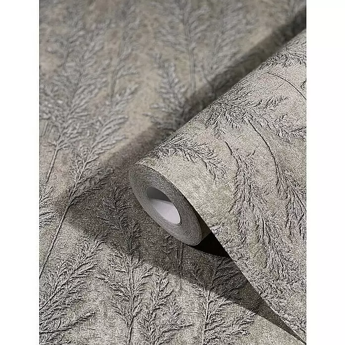 Marburg Natural Opulence Vliestapete Weiche Gräser - Rot-Braun, Floral, 10,05 x 0,7 m - Metallisch graue/silberne Tapetenrolle mit strukturiertem botanischem Muster, teilweise abgerollt.
