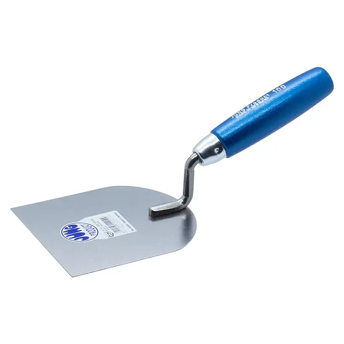 Jung Product Stukkateurspachtel - 100 mm, Qualitätsstahl rostfrei - Nahaufnahme einer Maurerkelle mit blauem Griff und silbernem Blatt. Ideal für Bauarbeiten und Reparaturen.