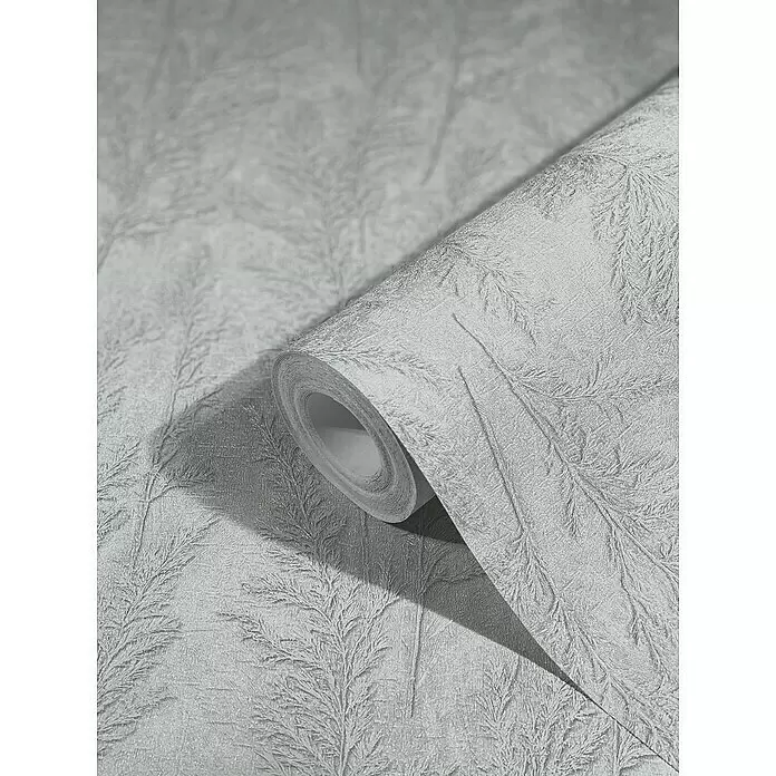 Marburg Natural Opulence Vliestapete Weiche Gräser - Grau, Floral, 10,05 x 0,7 m - Teilweise abgerollte silbergraue Tapetenrolle mit texturiertem, frostähnlichem Blattmuster.