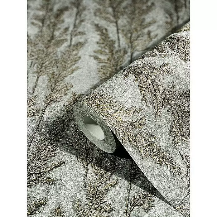 Marburg Natural Opulence Vliestapete Weiche Gräser - Silber, Floral, 10,05 x 0,7 m - Silber-goldene strukturierte Tapetenrolle mit elegantem metallischem Botanikmuster, das Design entfaltet sich.