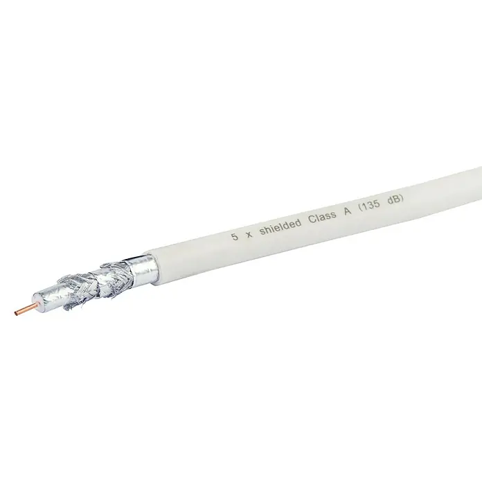 Schwaiger Koaxialkabel - 25 m, Weiß, Schirmungsmaß: 135 dB - Abbildung eines weißen Koaxialkabels, das 5-fach geschirmt ist und der Klasse A entspricht (135 dB), für hochwertige Signalübertragung.