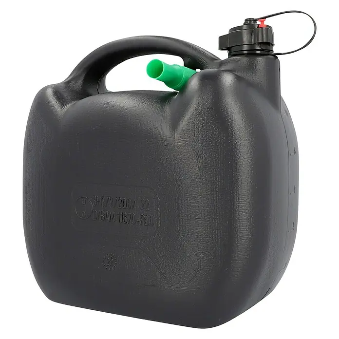Cartrend Benzinkanister - 10 l, Kunststoff - Ein schwarzer Kraftstoffkanister mit grünem Ausgießer und rotem Verschluss. Ideal für Benzin oder andere Flüssigkeiten.