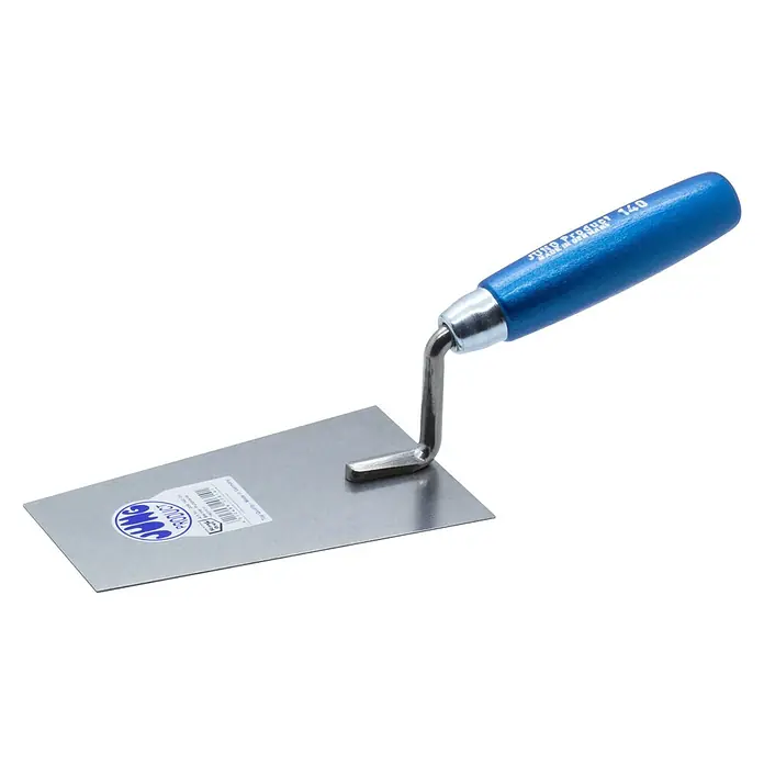 Jung Product Berner Putzkelle - 140 mm - Nahaufnahme einer Maurerkelle mit blauem Holzgriff und silberfarbener Klinge, die sich ideal für Bauarbeiten eignet.