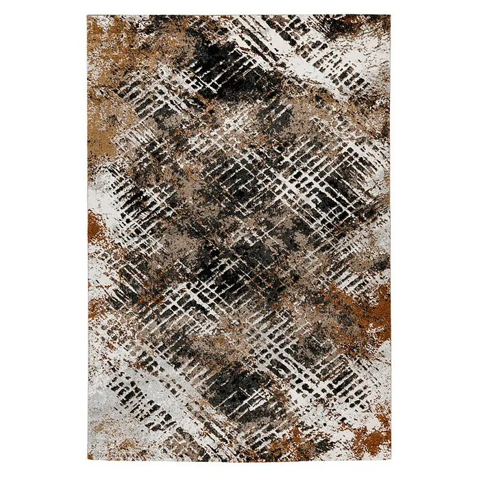 Kurzflorteppich Louvre - Terra, 150 x 80 cm, 100% Polypropylen (Flor) - Abstrakter Teppich mit diagonalem Muster in Weiß-, Braun- und Schwarztönen, der jedem Raum einen modernen Touch verleiht.
