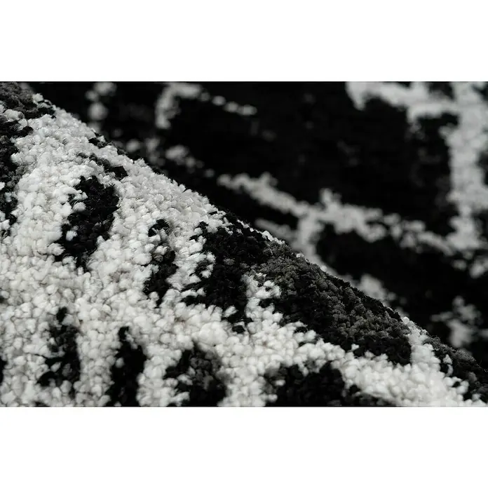 Kurzflorteppich Louvre - Silber, 230 x 160 cm, 100% Polypropylen (Flor) - Detailaufnahme eines Teppichs mit abstraktem, schwarz-weißem Muster, das eine moderne und stilvolle Textur zeigt.