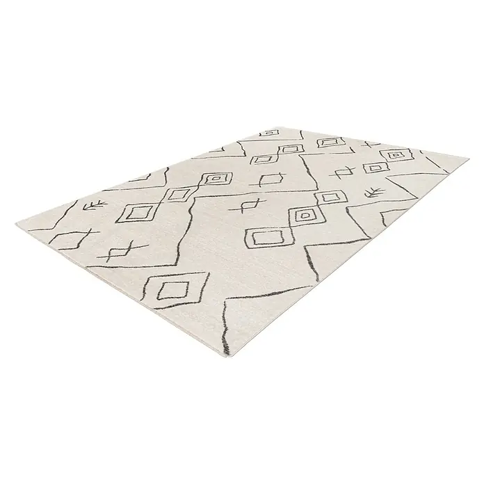 Kurzflorteppich Agadir - Ivory, 170 x 120 cm, 100% Polypropylen (Flor) - Ein rechteckiger Teppich in Weiß mit geometrischen Mustern in Grau, der einen modernen und minimalistischen Stil ausstrahlt.