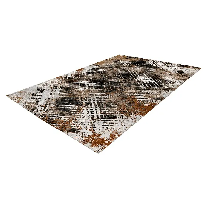 Kurzflorteppich Louvre - Terra, 150 x 80 cm, 100% Polypropylen (Flor) - Ansicht eines modernen Teppichs mit abstraktem Design in Weiß-, Braun- und Grautönen, ideal für zeitgenössische Wohnräume.