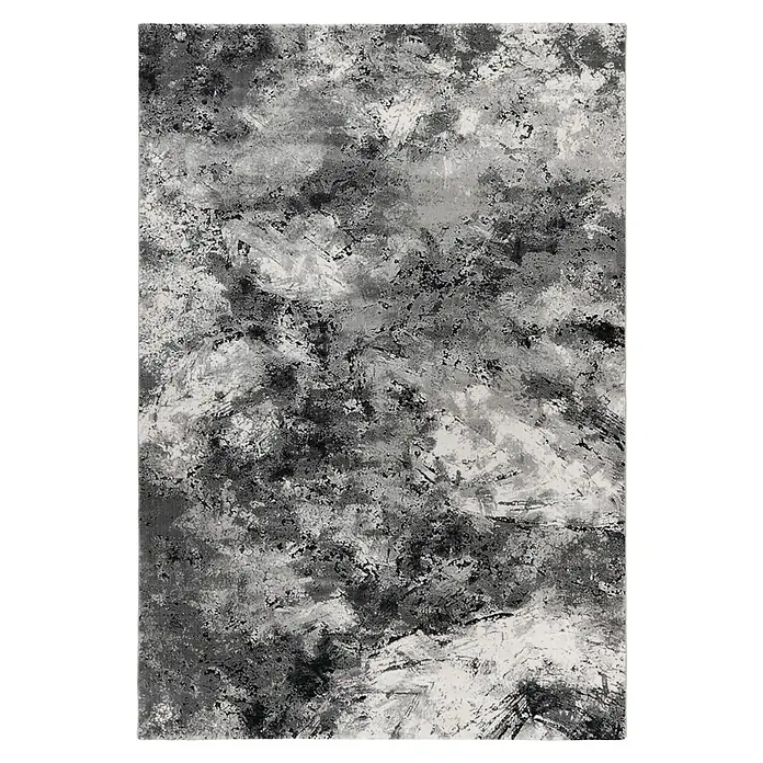 Kurzflorteppich Pablo 704 - Silber, 170 x 120 cm, 50% Polyester, 50% Polypropylen - Abstraktes Gemälde in Schwarz-Weiß, das eine dynamische Textur und Bewegung durch kontrastreiche Pinselstriche zeigt.