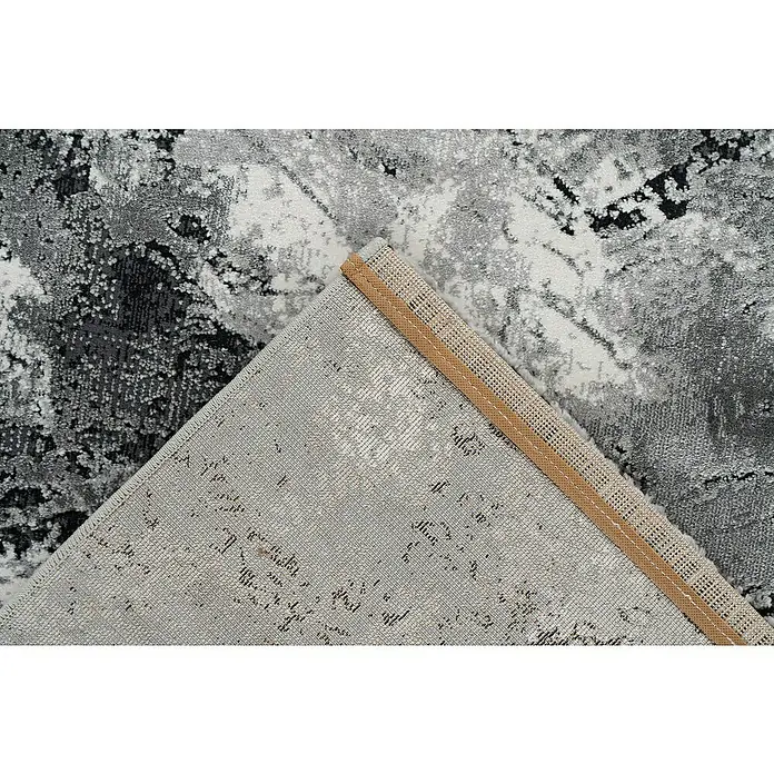 Kurzflorteppich Pablo 704 - Silber, 170 x 120 cm, 50% Polyester, 50% Polypropylen - Nahaufnahme eines modernen Teppichs mit abstraktem Muster in Grau- und Schwarztönen, die Textur und Design hervorhebt.