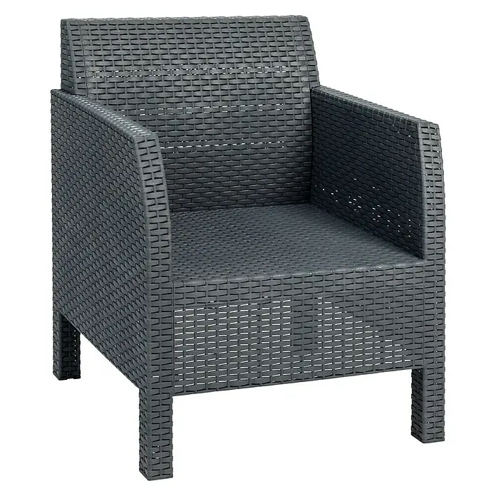 Toomax Loungemöbel-Set Matilde - Kunststoff, Schwarz, 3 -tlg. - Bild eines grauen Rattan-Sessels für den Außenbereich, der Komfort und Stil für jede Terrasse oder jeden Garten bietet. Langlebig und wetterbeständig.