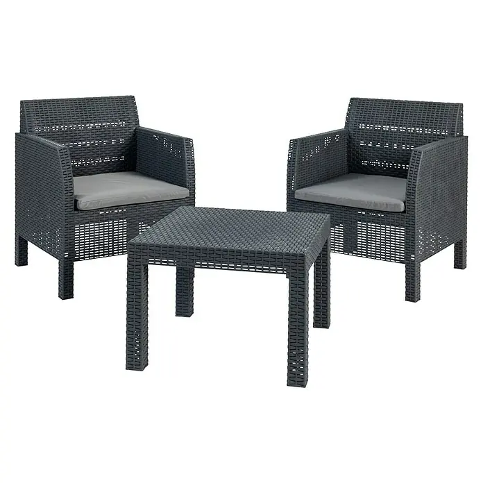 Toomax Loungemöbel-Set Matilde - Kunststoff, Schwarz, 3 -tlg. - Ein graues Gartenmöbel-Set mit zwei Korbsesseln und einem quadratischen Tisch für entspannte Stunden im Freien. Bequeme Sitzkissen sind enthalten.