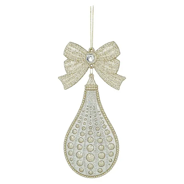 Kurt S. Adler Christbaumschmuck Schleife - Silber, Gold, Kunststoff, L x B x H: 17,27 x 7,87 x 1,78 cm - Glitzernder Christbaumschmuck mit Schleife, Tropfenform und Strasssteinen, ideal für festliche Dekorationen und als Blickfang am Weihnachtsbaum.