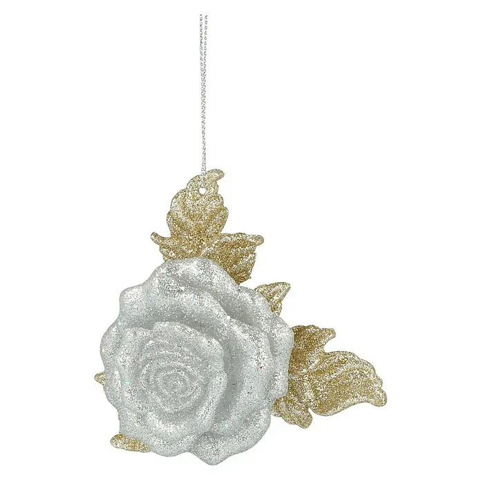 Kurt S. Adler Christbaumschmuck Rose - Silber, Gold, Kunststoff, 9,14 x 4,32 x 8,64 cm - Funkelnder, silberner Rosen-Weihnachtsbaumschmuck mit goldenen Blättern. Eine elegante Dekoration für die festliche Jahreszeit.