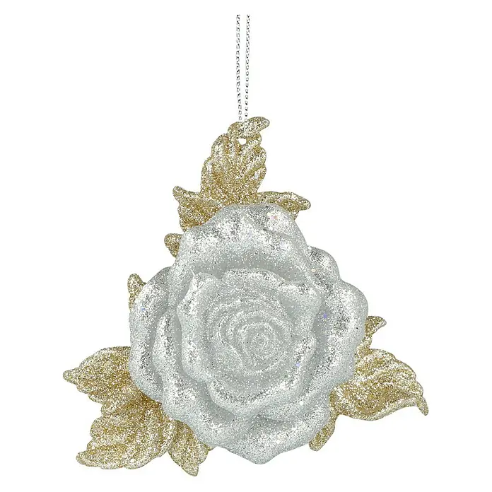 Kurt S. Adler Christbaumschmuck Rose - Silber, Gold, Kunststoff, 9,14 x 4,32 x 8,64 cm - Funkelnder silberner Rosen-Weihnachtsbaumschmuck mit goldenen Blättern, perfekt für einen eleganten Weihnachtsbaum.
