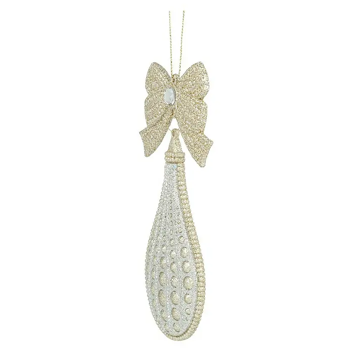Kurt S. Adler Christbaumschmuck Schleife - Silber, Gold, Kunststoff, L x B x H: 17,27 x 7,87 x 1,78 cm - Glitzernder Christbaumschmuck in Tropfenform mit Schleife für festliche Akzente am Weihnachtsbaum.