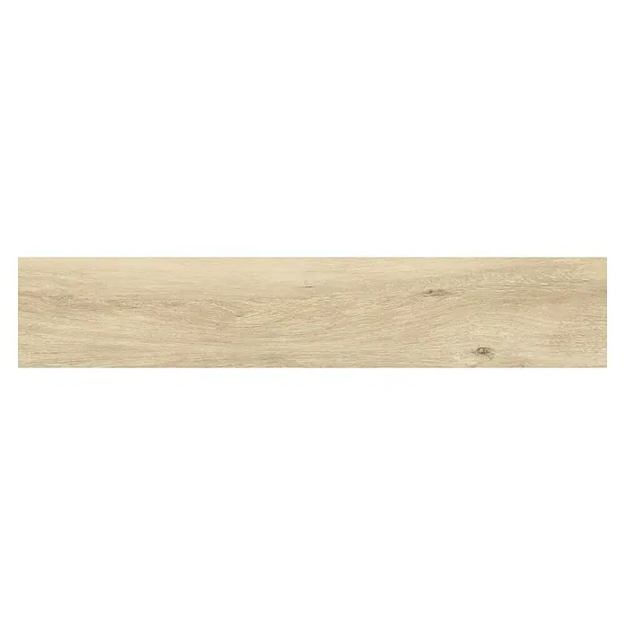 Pavimento porcelánico Atelier - 150 x 25 cm, Natural, Mate, Rectificado - Primer plano de una tabla de madera clara y texturizada, ideal para suelos o revestimientos de paredes. La veta natural añade calidez.