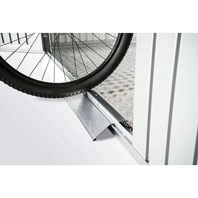 Biohort Bodenschwellen-Rampe - Passend für: Biohort Gerätehäuser mit Doppelflügeltür - Verzinkte Metallfahrradrampe mit Riffelblechboden, führt einen Fahrradreifen in ein Lager- oder Transportsystem.
