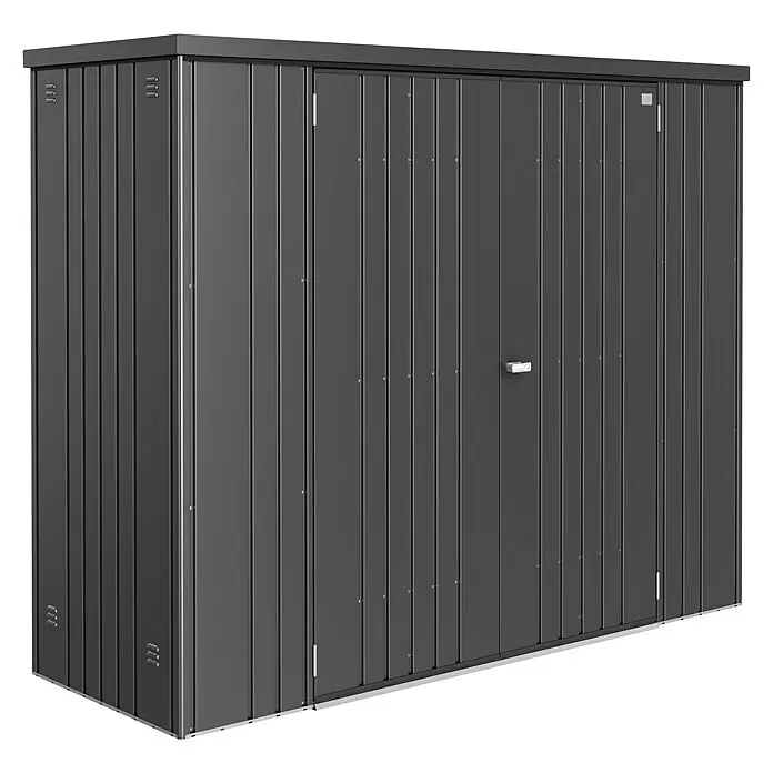 Biohort Geräteschrank 230 - Dunkelgrau Metallic - Dunkelgraues Metall-Gerätehaus mit Doppeltüren, ideal für die Organisation im Freien.