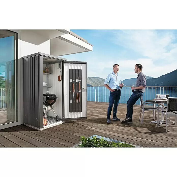 Biohort Geräteschrank 90 - Außenbreite inkl. Dachüberstand: 93 cm, Außentiefe inkl. Dachüberstand: 83 cm, Stahl, Dunkelgrau Metallic - Stimmungsaufnahme