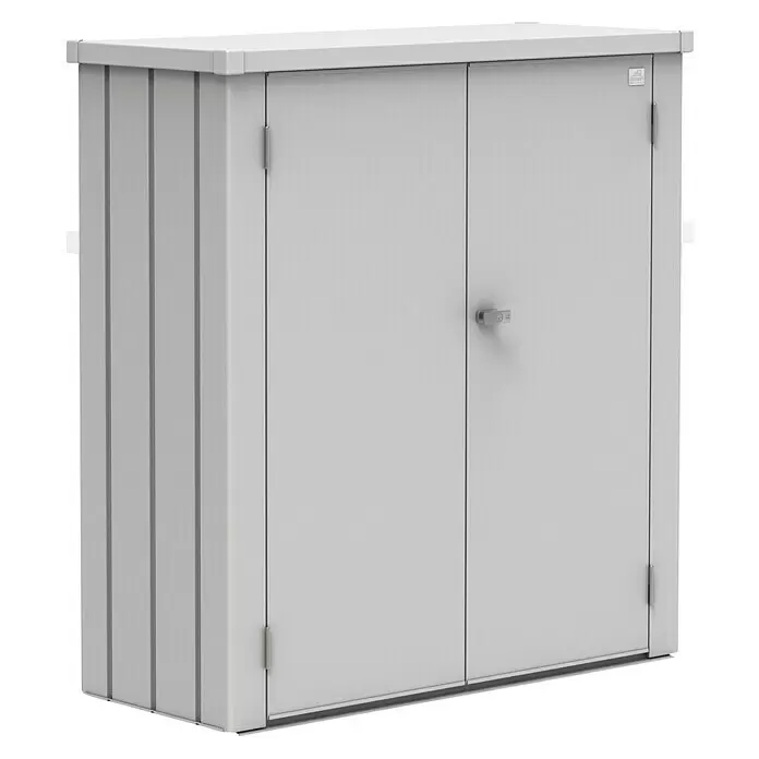 Biohort Romeo Geräteschrank Romeo Gr. M - Außenmaß inkl. Dachüberstand (B x T): 132 x 57 cm, Stahl, Silber-Metallic - Hellgrauer Metall-Geräteschrank mit zwei Türen und geriffelten Seitenwänden.