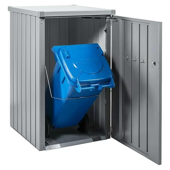 Biohort Mülltonnenbox Alex - L x B x H: 88 x 80 x 129 cm, Silber-Metallic - Graue Mülltonnenbox aus Metall mit geöffneter Tür, die eine nach vorne gekippte blaue Mülltonne zur einfachen Entnahme hält.