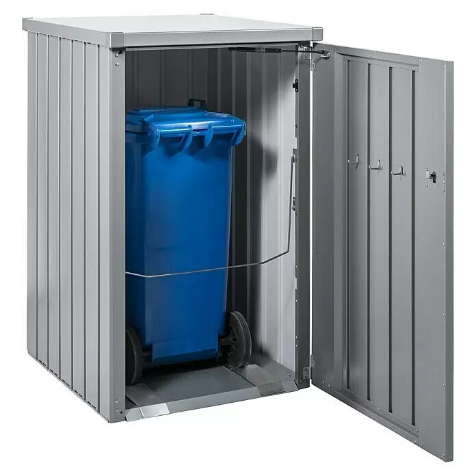 Biohort Mülltonnenbox Alex - L x B x H: 88 x 80 x 129 cm, Silber-Metallic - Graue Metall-Mülltonnenbox mit offener Tür und Deckel, enthält eine blaue Mülltonne. Mit Gasdruckfeder und internen Haken.