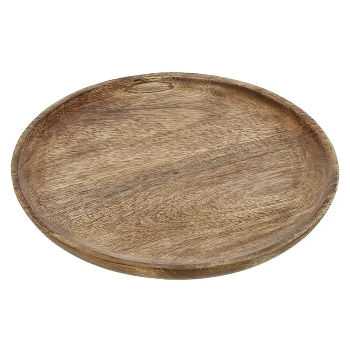 Deko-Tablett MangoholzBraun, Durchmesser: 30 cm - Nahaufnahme einer runden Holzservierplatte, die die natürliche Maserung und warme Töne des Holzes hervorhebt.
