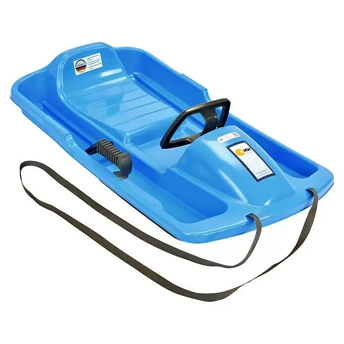 KHW Schlitten Snow Fox - L x B: 95 x 50 cm, Belastbarkeit: 65 kg, Kunststoff, Eisblau - Blauer Kunststoffrodel mit schwarzem Lenkrad, Handbremse und Zugseil. Ideal für den Wintersport.
