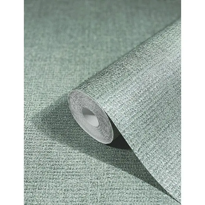 Marburg Natural Opulence Vliestapete - Grau-Grün, Uni, 10,05 x 0,7 m - Ein detailreicher Blick auf eine Rolle textile Vinyltapete mit einer fühlbaren Textur, perfekt für stilvolle Wanddekoration.