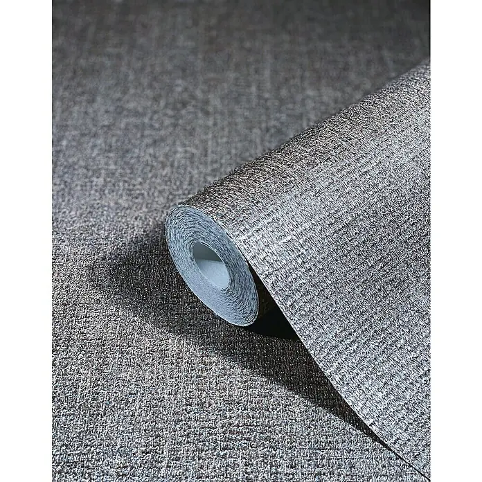 Marburg Natural Opulence Vliestapete - Rot-Braun, Uni, 10,05 x 0,7 m - Nahaufnahme einer Rolle grauer strukturierter Tapete, die das detaillierte Webmuster und die Textur hervorhebt. Ideal für Inneneinrichtungs- und Designprojekte.