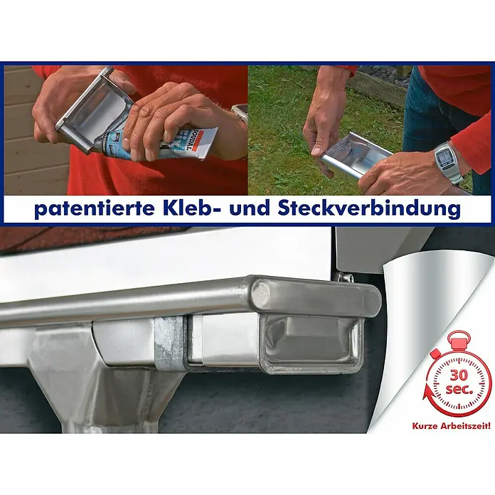 Sarei Kastenrinnenhalter Spezial - Nennweite: 70 mm, Silber, Stahl - Das Bild zeigt ein patentiertes Klebe- und Steckverbindungssystem für eine Dachrinne. Schnelle Montage in nur 30 Sekunden!