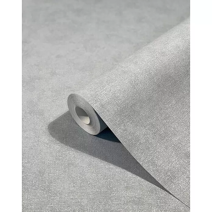 Marburg Shades Vliestapete - Grau, Uni, 10,05 x 0,53 m - Hellegraue strukturierte Tapetenrolle, teilweise abgerollt.